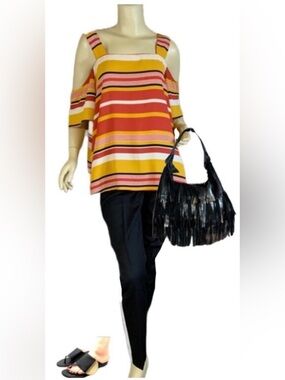 FOURTEENTH PLACE ORANGE AND YELLOW STRIPED COLD SHOULDER TUNIC (XL)